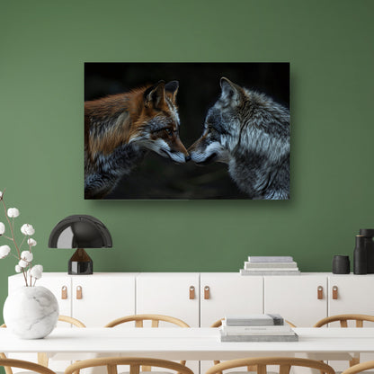 Vos en wolf in harmonie samen canvas met baklijst