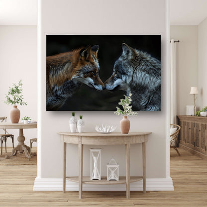 Vos en wolf in harmonie samen canvas met baklijst