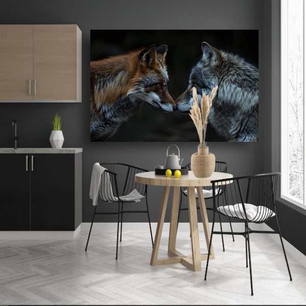 Vos en wolf in harmonie samen canvas met baklijst