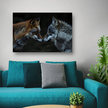 Vos en wolf in harmonie samen canvas met baklijst