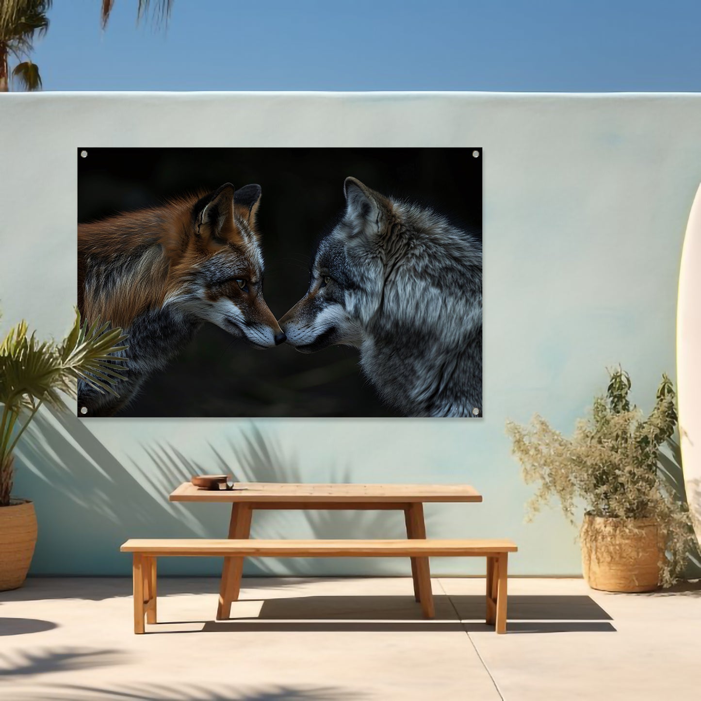 Vos en wolf in harmonie samen tuinposter