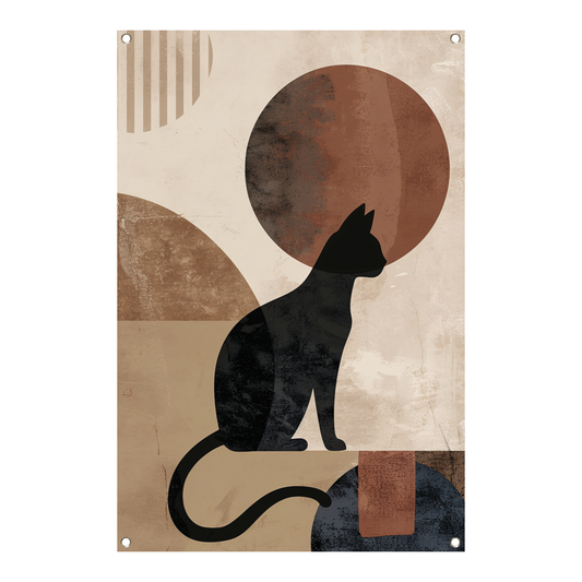 Minimalistische zwarte kat tegen een abstracte achtergrond tuinposter