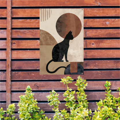 Minimalistische zwarte kat tegen een abstracte achtergrond tuinposter