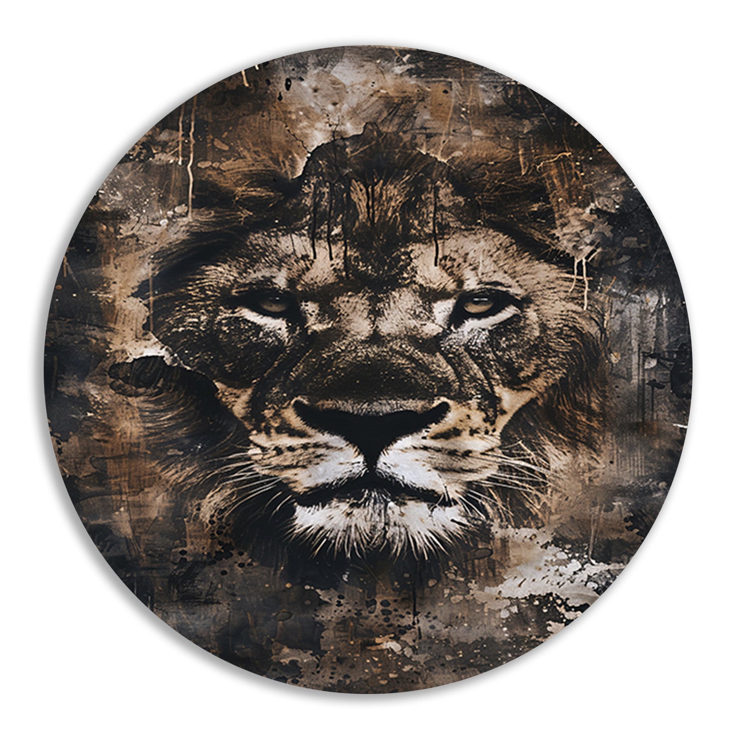 Rustiek leeuwenportret in sepia tinten aluminium muurcirkel