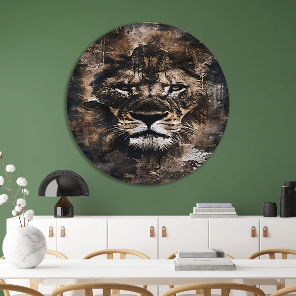 Rustiek leeuwenportret in sepia tinten aluminium muurcirkel