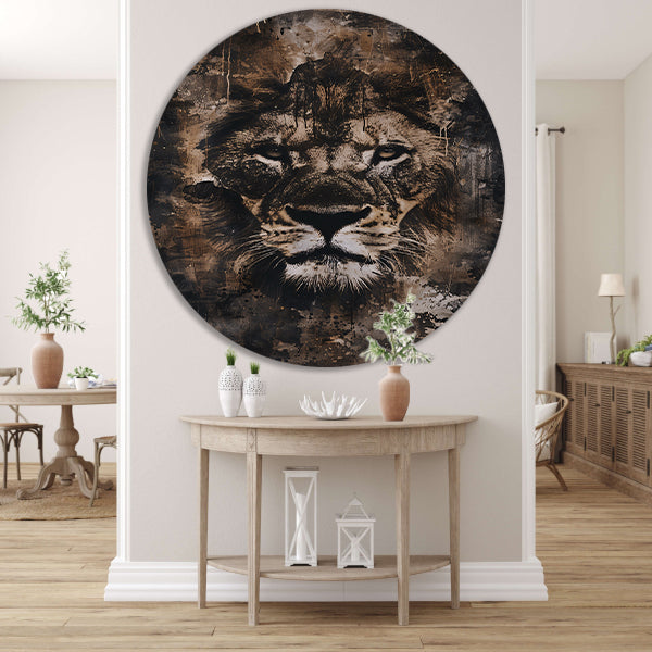 Rustiek leeuwenportret in sepia tinten aluminium muurcirkel