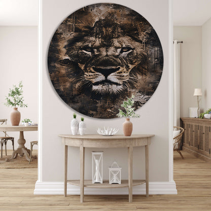 Rustiek leeuwenportret in sepia tinten aluminium muurcirkel