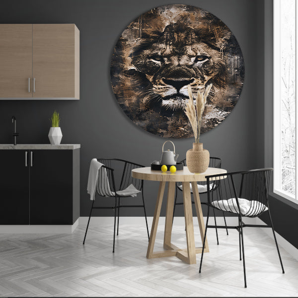 Rustiek leeuwenportret in sepia tinten aluminium muurcirkel