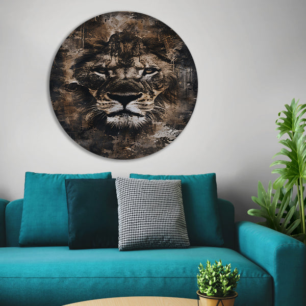 Rustiek leeuwenportret in sepia tinten aluminium muurcirkel