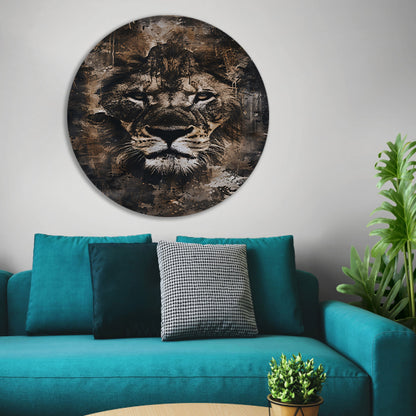 Rustiek leeuwenportret in sepia tinten aluminium muurcirkel