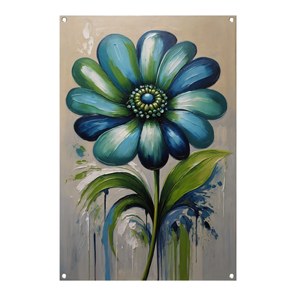 Abstracte Blauwe Bloem met Groene Bladeren tuinposter