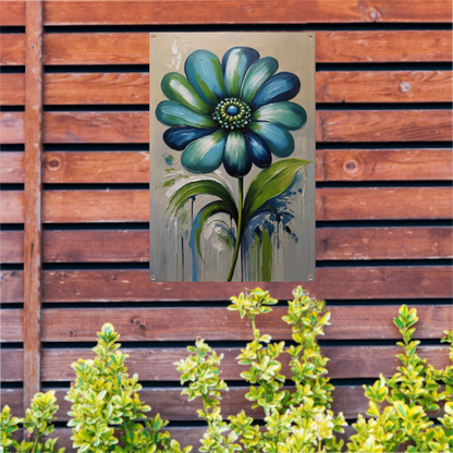 Abstracte Blauwe Bloem met Groene Bladeren tuinposter