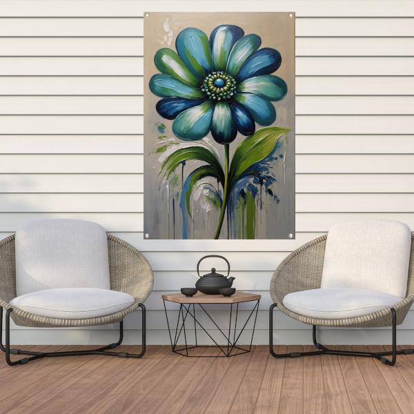 Abstracte Blauwe Bloem met Groene Bladeren tuinposter
