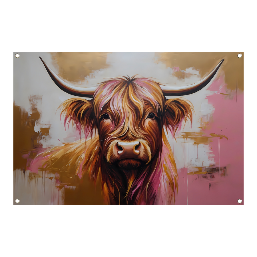 Moderne Highland Koe in Gouden Tinten tuinposter