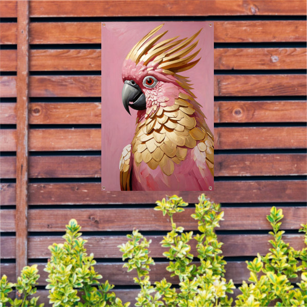 Roze en gouden papegaai op art nouveau tuinposter