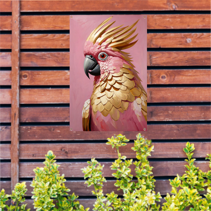Roze en gouden papegaai op art nouveau tuinposter