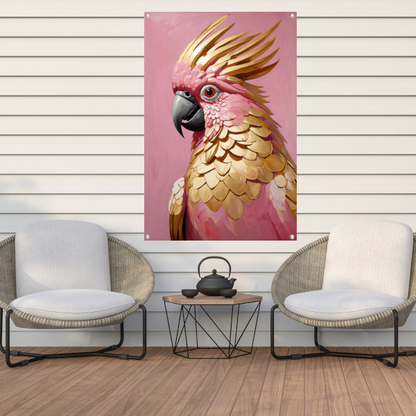 Roze en gouden papegaai op art nouveau tuinposter