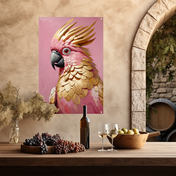 Roze en gouden papegaai op art nouveau tuinposter