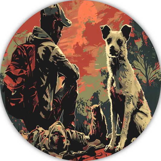 Zonsondergang met Hond en Bewaker aluminium muurcirkel