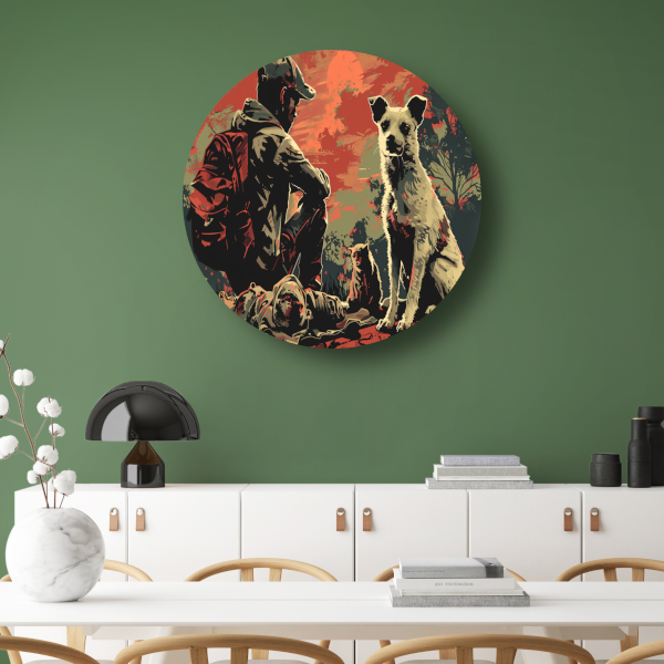 Zonsondergang met Hond en Bewaker aluminium muurcirkel