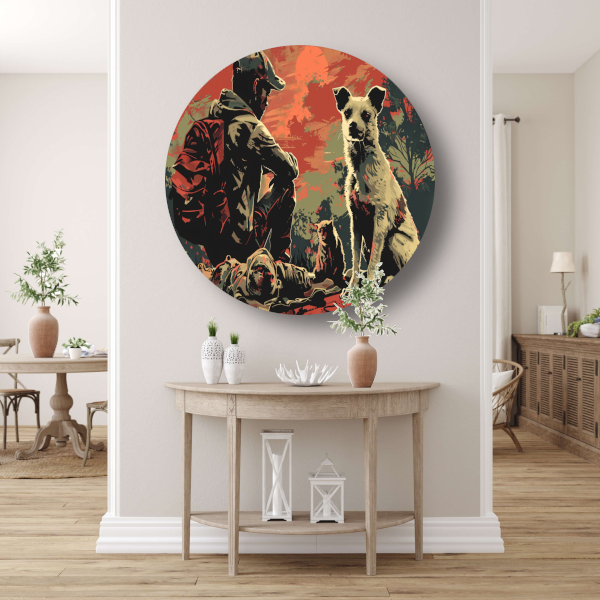 Zonsondergang met Hond en Bewaker aluminium muurcirkel