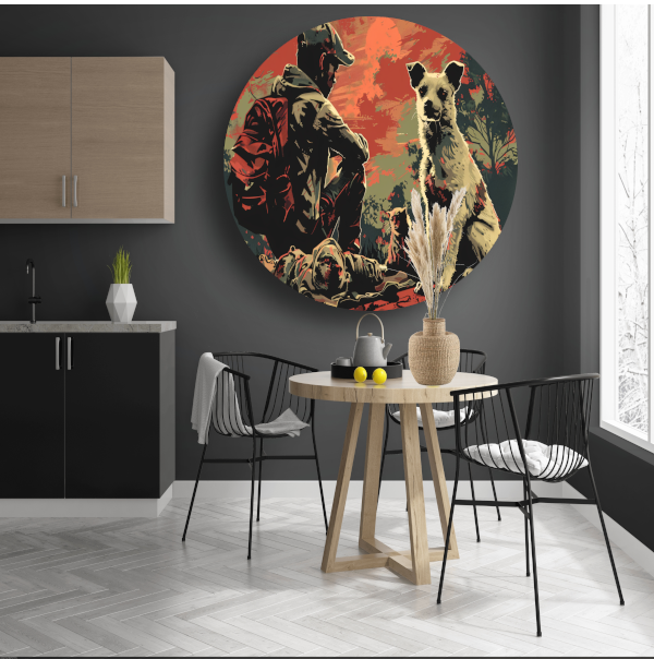 Zonsondergang met Hond en Bewaker aluminium muurcirkel