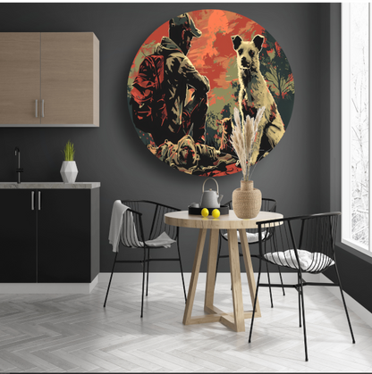 Zonsondergang met Hond en Bewaker aluminium muurcirkel