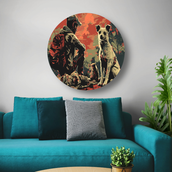Zonsondergang met Hond en Bewaker aluminium muurcirkel