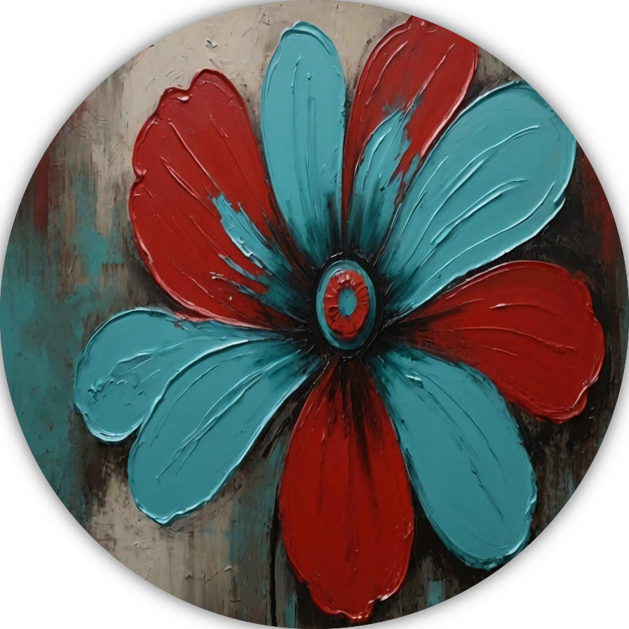Abstracte Turquoise en Rode Bloem Kunstwerk aluminium muurcirkel