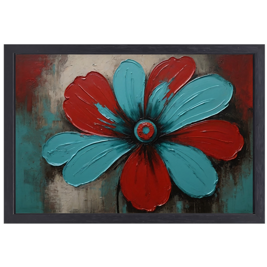 Abstracte Turquoise en Rode Bloem Kunstwerk canvas met baklijst