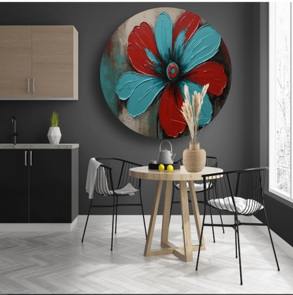 Abstracte Turquoise en Rode Bloem Kunstwerk aluminium muurcirkel
