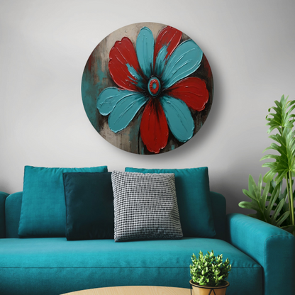 Abstracte Turquoise en Rode Bloem Kunstwerk aluminium muurcirkel