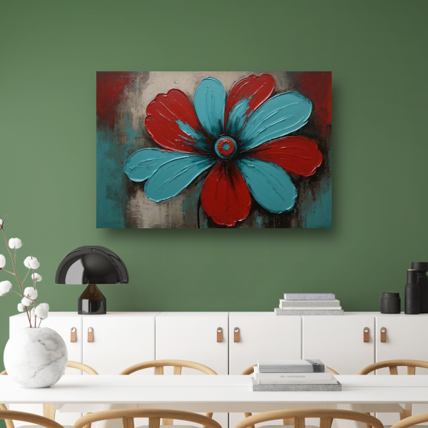 Abstracte Turquoise en Rode Bloem Kunstwerk canvas met baklijst