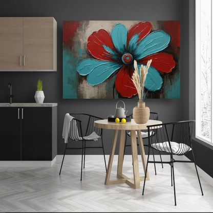 Abstracte Turquoise en Rode Bloem Kunstwerk canvas met baklijst
