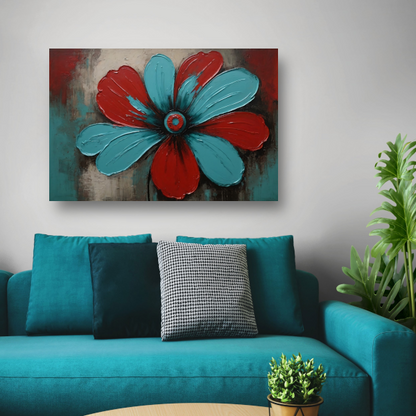 Abstracte Turquoise en Rode Bloem Kunstwerk canvas met baklijst