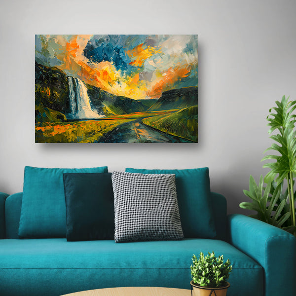 Kleurrijke waterval bij zonsondergang schilderij poster
