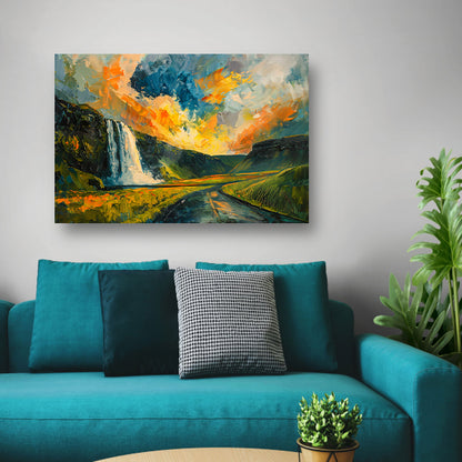 Kleurrijke waterval bij zonsondergang schilderij poster