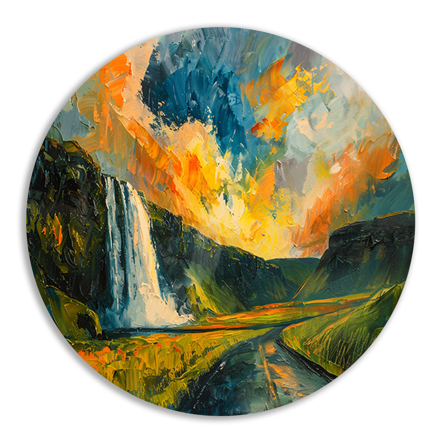 Kleurrijke waterval bij zonsondergang schilderij forex muurcirkel