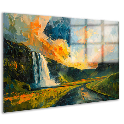 Kleurrijke waterval bij zonsondergang schilderij acrylglas