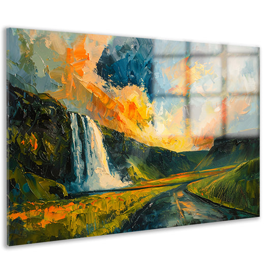 Kleurrijke waterval bij zonsondergang schilderij acrylglas