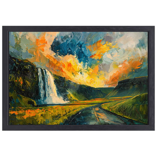 Kleurrijke waterval bij zonsondergang schilderij canvas met baklijst