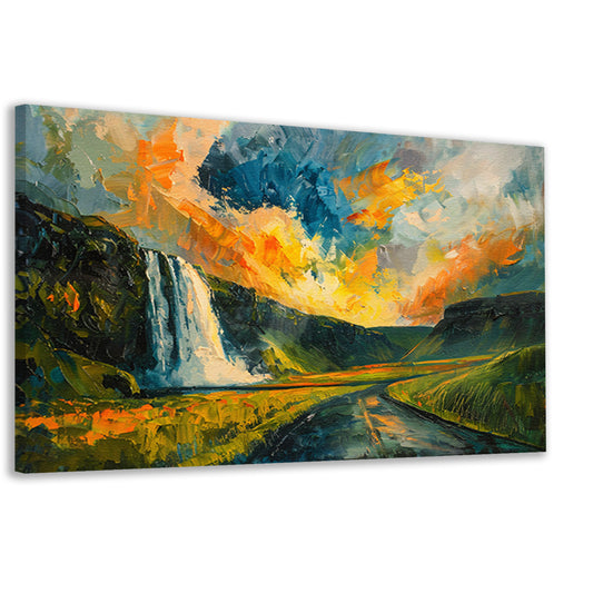 Kleurrijke waterval bij zonsondergang schilderij canvas