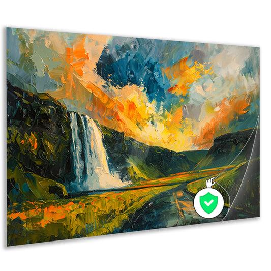 Kleurrijke waterval bij zonsondergang schilderij poster