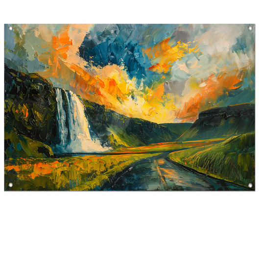 Kleurrijke waterval bij zonsondergang schilderij tuinposter