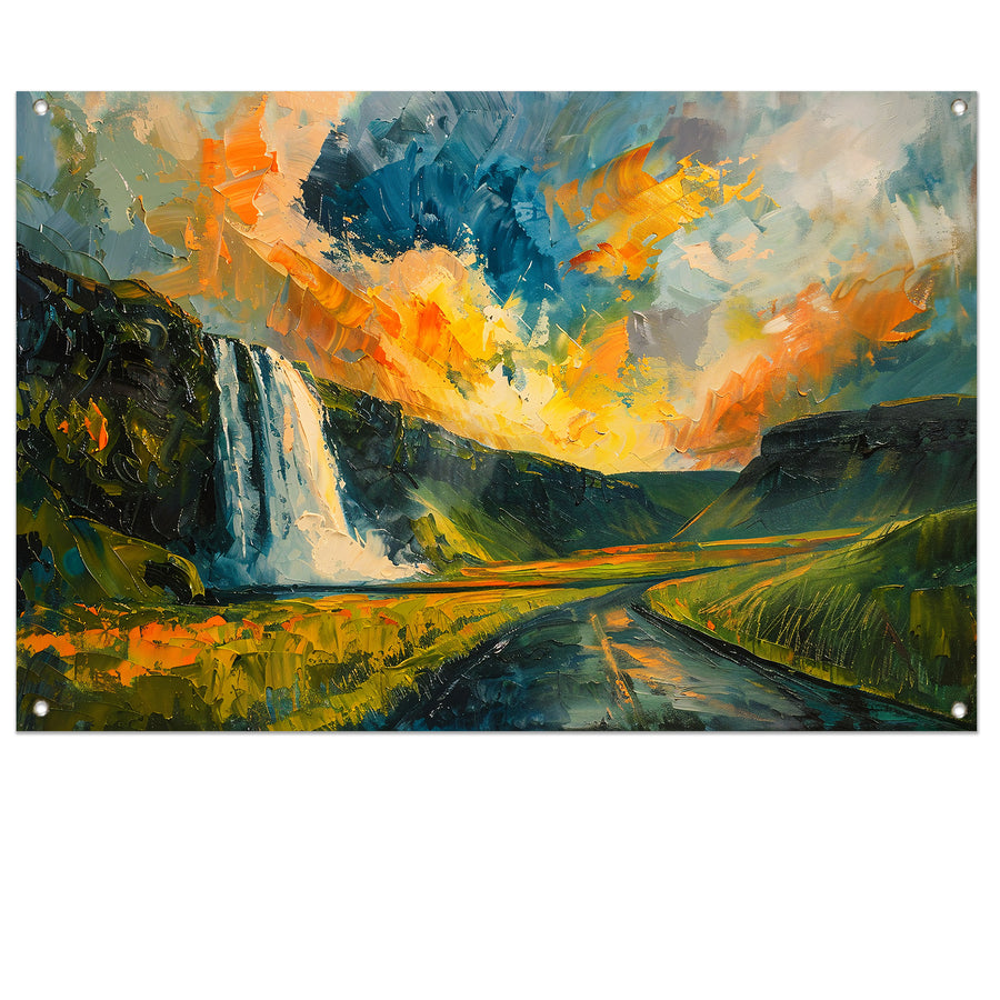 Kleurrijke waterval bij zonsondergang schilderij tuinposter
