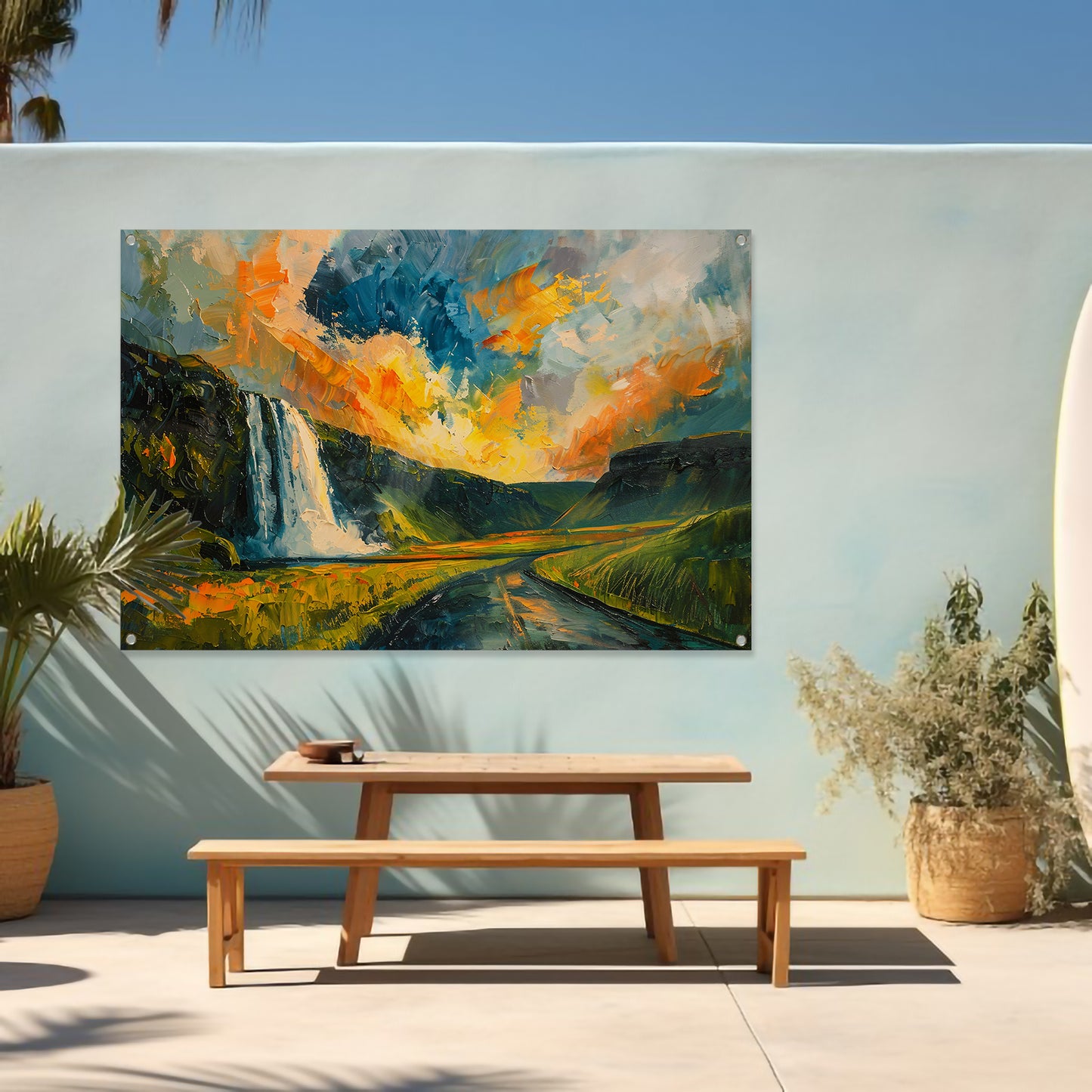 Kleurrijke waterval bij zonsondergang schilderij tuinposter