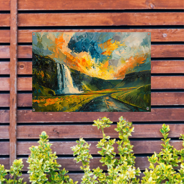Kleurrijke waterval bij zonsondergang schilderij tuinposter
