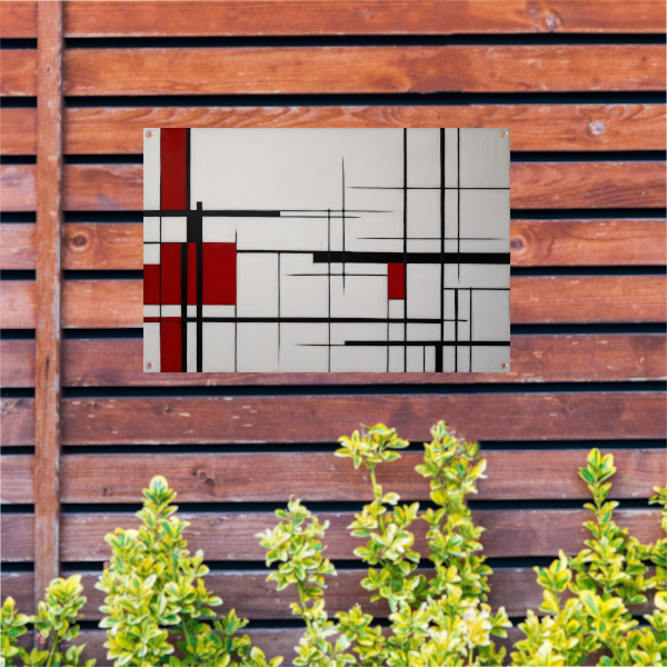 Geometrische Harmonie in Rood, Zwart en Wit tuinposter