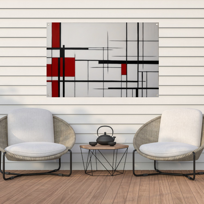 Geometrische Harmonie in Rood, Zwart en Wit tuinposter