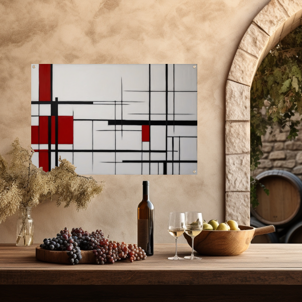 Geometrische Harmonie in Rood, Zwart en Wit tuinposter